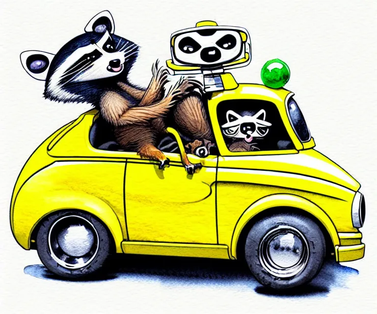 Prompt: cute and funny, racoon wearing a helmet riding in a tiny hot rod with oversized engine, ratfink style by ed roth, centered award winning watercolor pen illustration, isometric illustration by chihiro iwasaki, edited by range murata, tiny details by artgerm and watercolor girl, symmetrically isometrically centered and focused