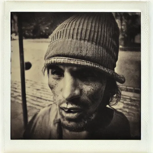 Image similar to polaroid picture, sepia, homeless manu chao in the streets of bogota, ethereal, trending on artstation