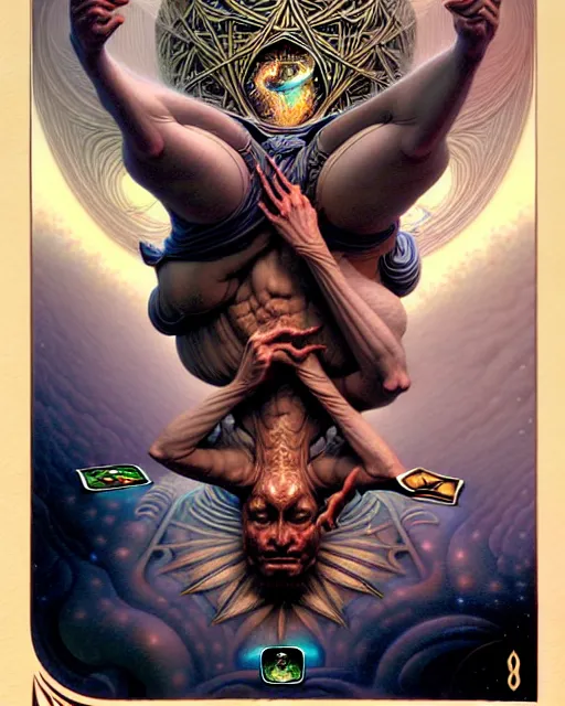 Image similar to man upside down tarot card, fantasy character portrait made of fractals, ultra realistic, wide angle, intricate details, the fifth element artifacts, highly detailed by peter mohrbacher, hajime sorayama, wayne barlowe, boris vallejo, aaron horkey, gaston bussiere, craig mullins