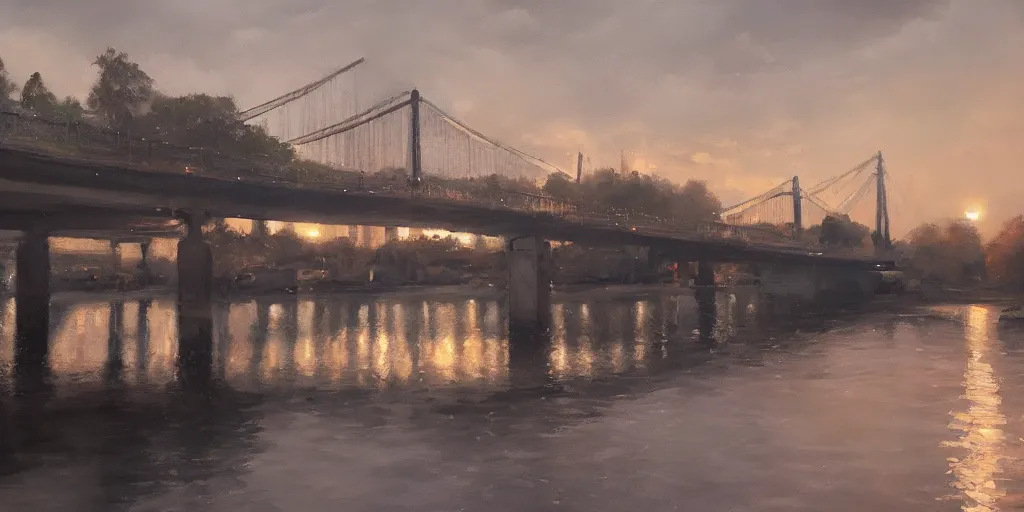 Image similar to bridge, cinematic lighting, detailed oil painting, hyperrealistic, 8k