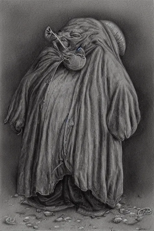 Image similar to a obese gray sniveling rat person wearing a decaying brown cloak, painting by ed binkley