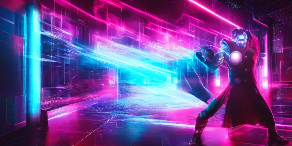 Image similar to Thor, cyberspace, cyberpunk, neon, glow, rgb, HD, 8k, ultra realistic,