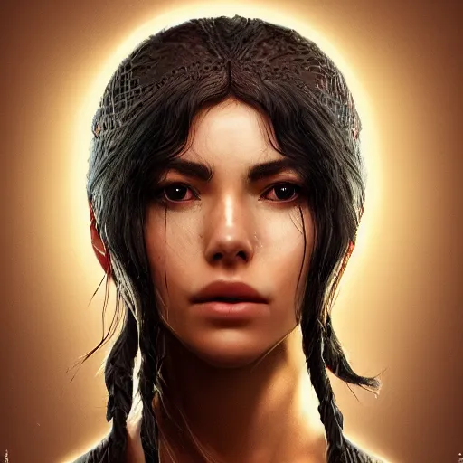 Image similar to portrait of beautiful woman - raw as a legendary ninja warrior, au naturel, hyper detailed, digital art, trending in artstation, cinematic lighting, studio quality, smooth render, unreal engine 5 rendered, octane rendered, art style by klimt and nixeu and ian sprigger and wlop and krenz cushart.