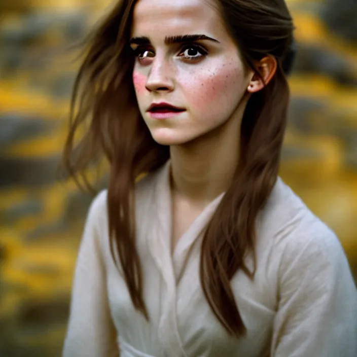 Image similar to Kodak Portra 400, 8K, soft light, volumetric lighting, highly detailed, Rena Nounen style 3/4 ,portrait photo of Emma Watson as Hermione Granger by WLOP, the face emerges from a lava flowing gold travertine terraces with lotus flowers, inspired by Ophelia paint , a beautiful luxurious fully clothed, hair is intricate with highly detailed realistic beautiful flowers , Realistic, Refined, Highly Detailed, ethereal lighting colors scheme, outdoor fine art photography, Hyper realistic, photo realistic, masterpiece