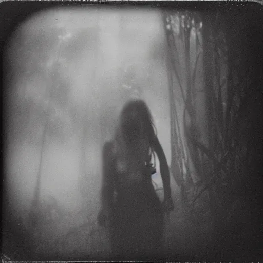 Image similar to an ancient evil-girl devouring the human souls on a mysterious Colombian jungle, mist, abandoned house, 1910 polaroid photography, grainy film, Black and white