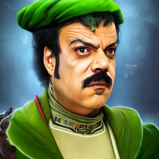 Prompt: hyper realistic, realistic - anime, portrait, beautifully rendered, italian garb the future, dune, caricature, luis guzman as luigi wearing green, painted by wlop, artgerm, dishonored 2,