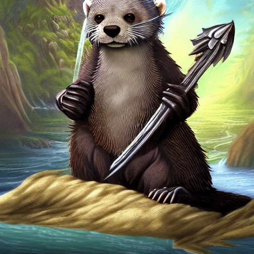 Image similar to furry otter warrior, fantasy art, lightweight armour, near the river, waterfall, digital art, high quality