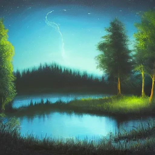 Image similar to lake, trees, night, fireflies glowing above water, painting, concept art,