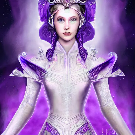 Prompt: alien princess, purple translucent skin!! royalty, white crown, intricate details, flowing gown, padme amidala, art station, sci fi concept art, 8k,