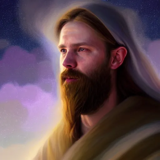 Prompt: ( hyperrealistic portrait of a war cleric in robes full of runes walks through the flower meadow, the flower meadow is decorated with a starry sky ) by noah bradley, photorealistic, dynamic lighting, very detailed faces, trending on artstation, wallpaper, dream, 4 k, award winning, lovely pastel colors, ethereal, elegant
