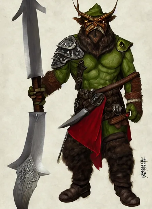 Image similar to strong young man, photorealistic bugbear ranger holding a flaming sword, black beard, dungeons and dragons, pathfinder, roleplaying game art, hunters gear, jeweled ornate leather and steel armour, concept art, character design on white background, by alan lee, norman rockwell, makoto shinkai, kim jung giu, poster art, colours red and green