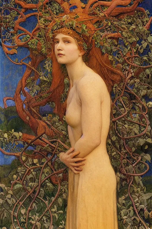 Prompt: queen of the springtime with leaves and vines growing from her, by Annie Swynnerton and Nicholas Roerich and jean delville, dramatic cinematic lighting , ornate headdress , flowing robes, lost civilizations, smooth, sharp focus, extremely detailed