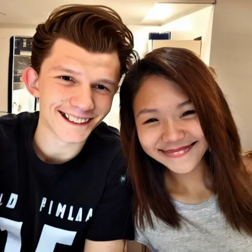 Prompt: Tom Holland wearing a Chapman University shirt with a Filipina college girl