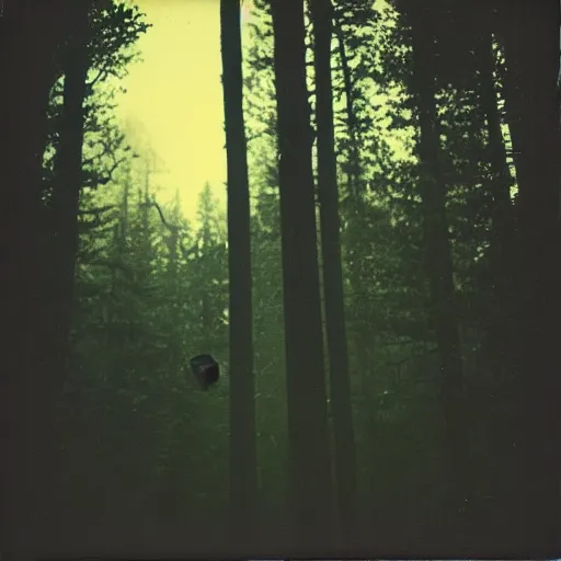 Prompt: eerie polaroid of a man floating above the forest at dusk