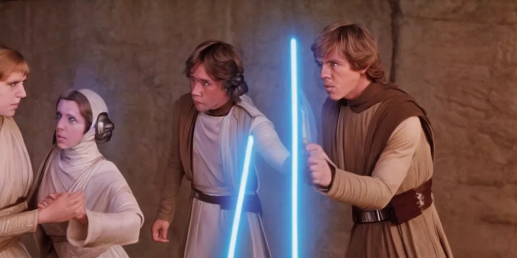 Image similar to screenshot of Luke Skywalker teaching Princess Leia the force, the two people are in a lost jedi Temple, 1970s sci fi film by Stanely Kubrick film, color kodak, Ektachrome, anamorphic lenses, detailed faces, hyper-realistic, photoreal, detailed portrait, moody cinematography, strange lighting