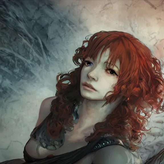 Image similar to christina hendricks!!!!! goth!!!!! cave painting, tankoban, 4 k, tone mapping, akihiko yoshida, james jean andrei riabovitchev marc simonetti, yoshitaka amano, long hair, curly, h. hydrochaeri