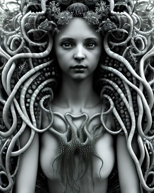 Image similar to mythical dreamy underwater artistic black and white 3 d render of a translucent beautiful young female angelic - medusa - vegetal - doll, highly detailed, intricate crystal ivy jelly ornate, poetic, translucent algae ornate, digital art, octane render, 8 k artistic photography, photo - realistic, hg giger flora borsi