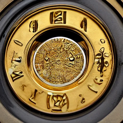 Image similar to a gold coin with a clock face printed on it, complex, high detail, close up