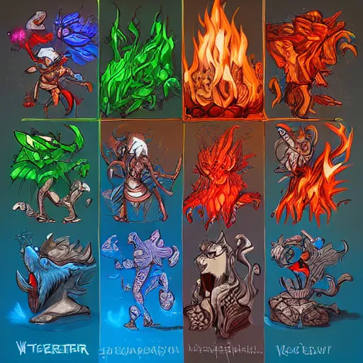 Prompt: water vs fire elemental beings, d & d style, trending on artstation, colorful, intricate,