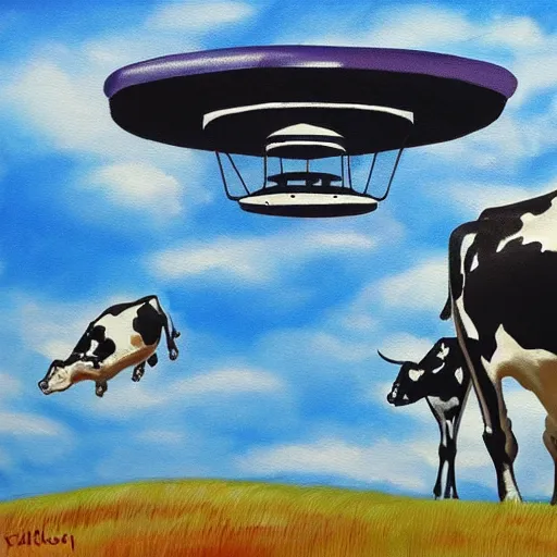 Image similar to a ufo stealing cows, painting