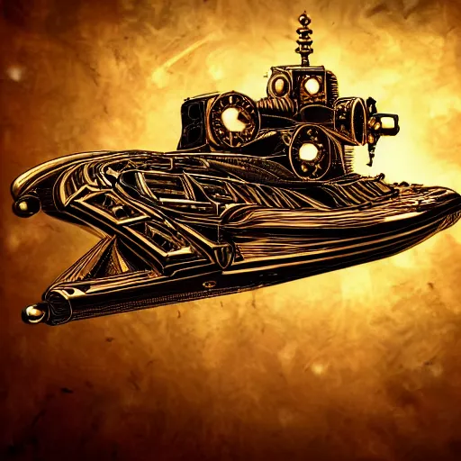 Image similar to steampunk spaceship gold black and rose, shiny golden, studio light, 4 k, highly detailed, black background, light on top