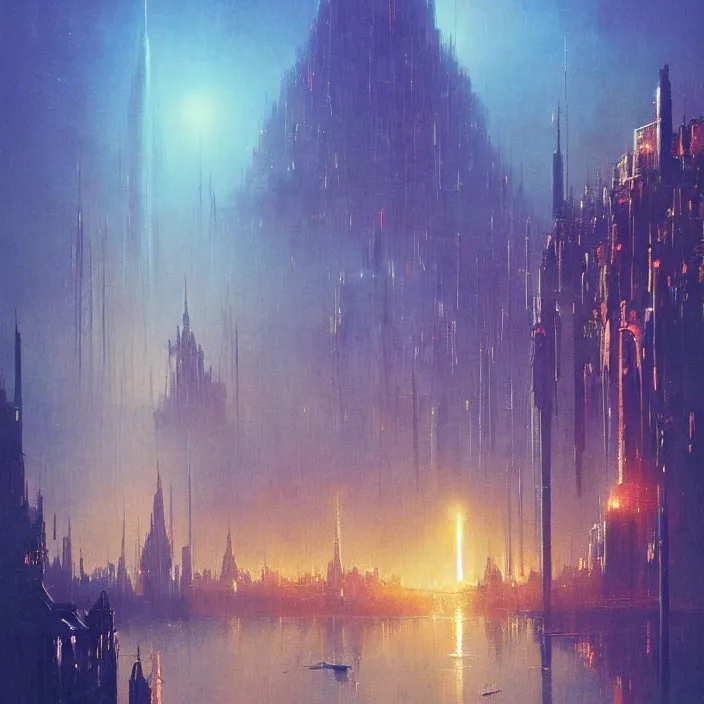 Image similar to city of light, abstract, concept art, digital painting, ornate, backlit, bokeh, deep aura, slight glow, by bruce pennington, by wayne barlowe