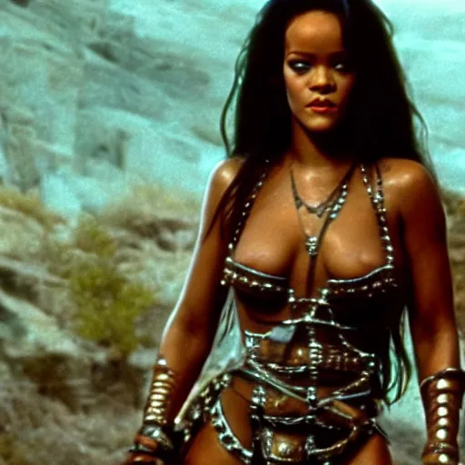 Prompt: rihanna in conan the barbarian ( 1 9 8 2 ), 8 k wide shot