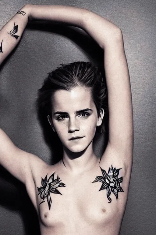 Image similar to emma watson, dope tattoo, hyperrealistic