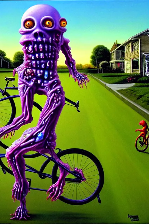 Prompt: a hyperrealistic painting of a translucent jelly zombie creature riding a bicycle through a suburban neighborhood on a sunny day, by chris cunningham and richard corben, highly detailed, vivid color,