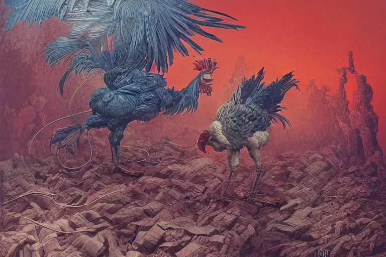 Image similar to digital painting of an ominous mechanical rooster, by wayne barlowe and bob pepper, highly detailed, intricate, anatomy, nature, dieselpunk, retrofuturism