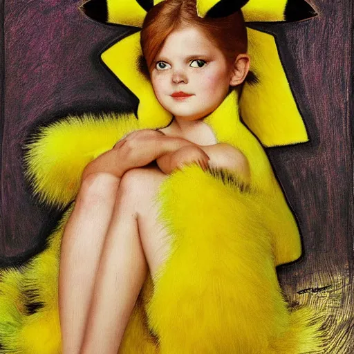 Prompt: girl in a pikachu costume, art by Annie Libovitz and Alhpnse Mucha,