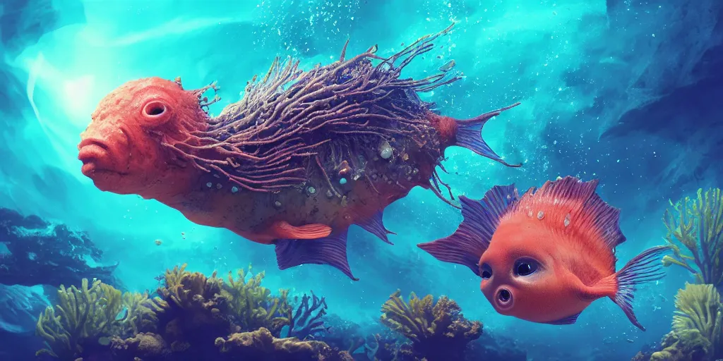 Image similar to photo of an extremely cute alien fish swimming an alien habitable underwater planet, coral reefs, dream-like atmosphere, water, plants, peaceful, serenity, calm ocean, tansparent water, reefs, fish, coral, inner peace, awareness, silence, nature, evolution, wide angle, super highly detailed, professional digital painting, artstation, concept art, smooth, sharp focus, no blur, no dof, extreme illustration, Unreal Engine 5, Photorealism, HD quality, 8k resolution, cinema 4d, 3D, beautiful, cinematic, art by artgerm and greg rutkowski and alphonse mucha and loish and WLOP