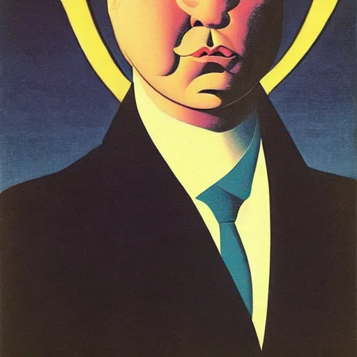 Image similar to a portrait of a well dressed business man, the planet saturn is superimposed over his face!!!, art by Rene Magritte