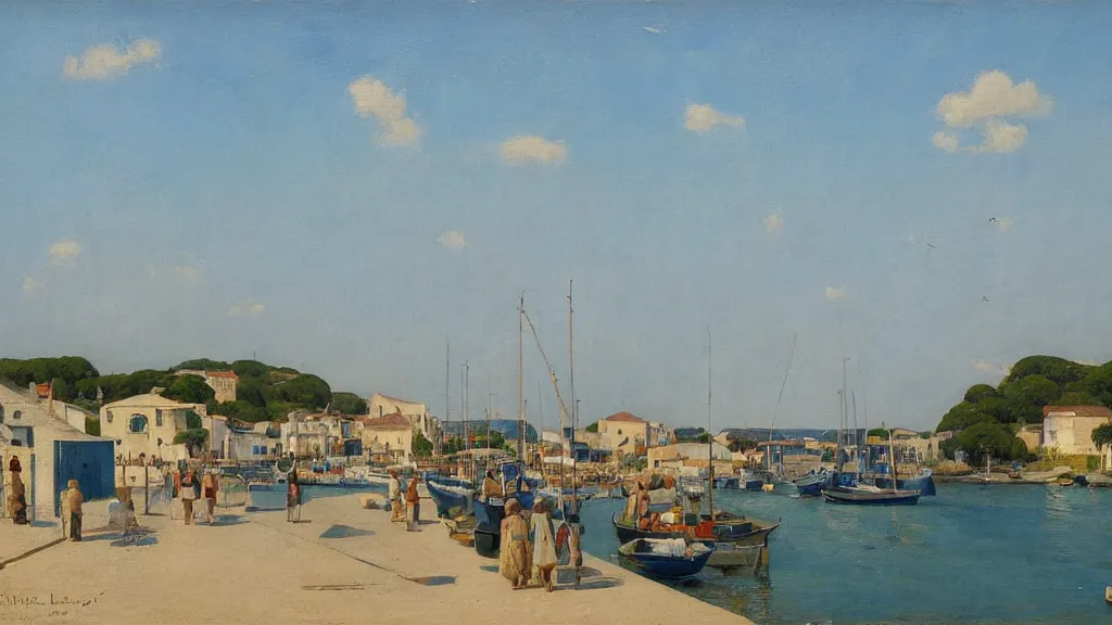 Image similar to a beautiful extremely complex painting of a mediterranean fishing village in summer by peter ilsted, whitewashed housed, tall cypress trees, blue shutters on windows, people walking down a street, fishing boats in the water, beautiful blue water, national gallery of art highlights