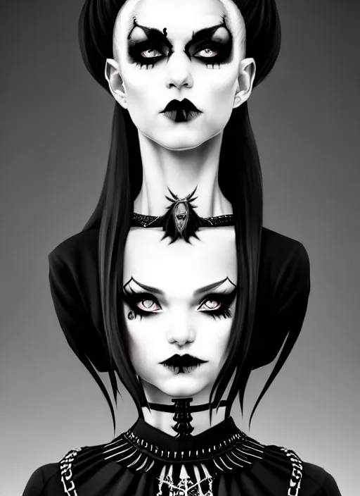 Image similar to old black and white photo with a beautiful portrait of a goth girl with piercings in a collar with a mohawk hairstyle in a medieval dress. witch, true goth, makeup. by ilya kuvshinov, rossdraws, artgerm, sola digital arts, anti aliasing, raytracing