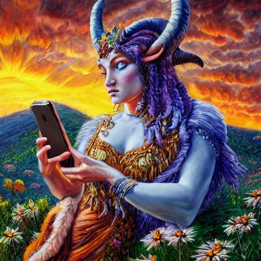 Image similar to painting by senior concept artist josephine wall, horned ram goddess checking her cell phone, erupting volcano and sunset in distance in background, flowers in foreground, trending on artstation, zodiac, fantasy, acrylic on canvas, intricately detailed, highly detailed, high resolution, hd, hdr, 8 k