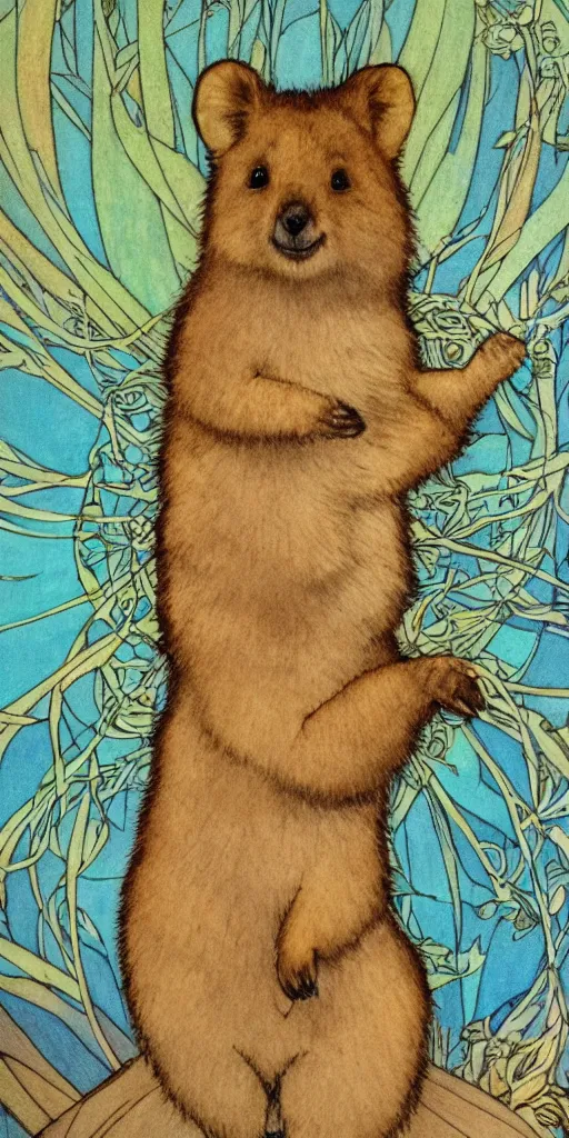 Image similar to a quokka in the style of mucha