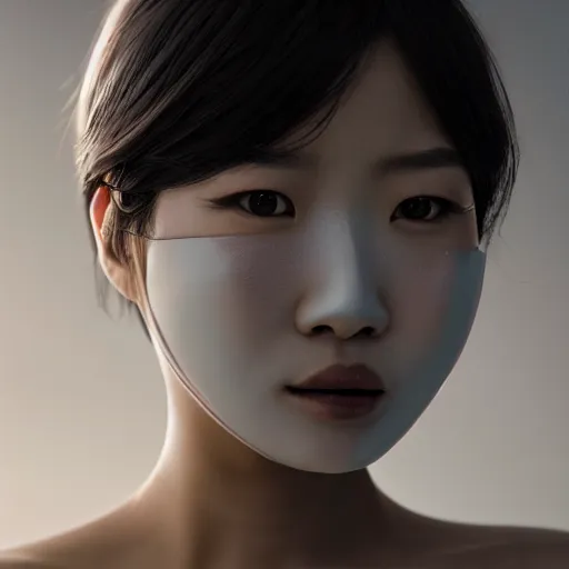 Image similar to asian woman closeup face portrait, with chrome liquid face mask stripes, highly detailed face, elegant pose, intricate, extremy detailed, cgsociety, unreal engine, octane render, portrait ilghting, 3 5 mm award winning, highly detailed 4 k art