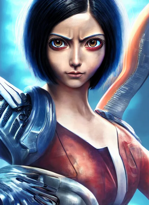 Prompt: Alita Battle Angel, digital painting, cyberpunk, aesthetic, faded, full body portrait, hyper realistic render, 8k