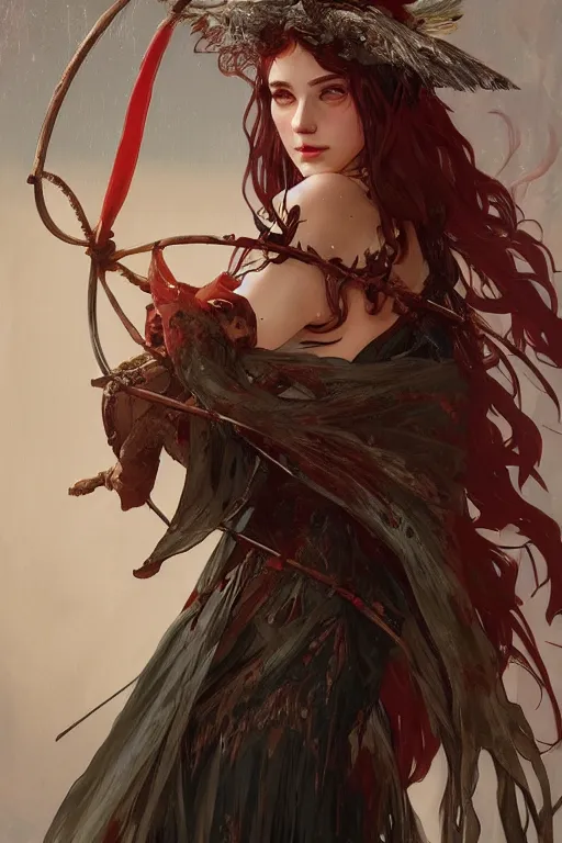 Image similar to beautiful ancient witch in makeshift animal bow cape, blood rain on background, highly detailed, digital painting, artstation, sharp focus, illustration, art by tan zi and ayanamikodon and alphonse mucha and wlop