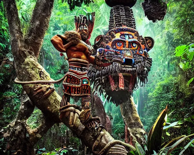 Image similar to mayan jaguar warrior exploring an alien jungle las pozas, 1 9 6 0's sci - fi, lofi technology, deep aesthetic colors, 8 k, highly ornate intricate details, extreme detail,