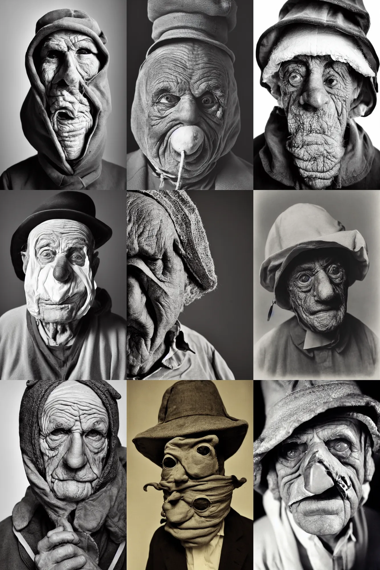 Prompt: high contrast studio close - up portrait of a wrinkled old man wearing a pulcinella mask, clear eyes looking into camera, baggy clothing and hat, backlit, dark mood, nikon, photo by richard avedon, masterpiece