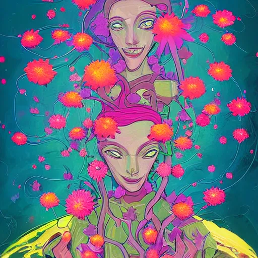 Image similar to Digital art. This illustration is a large canvas, covered in a wash of color. In the center is a cluster of flowers, their petals curling and twisting in on themselves. The effect is ethereal and dreamlike, and the overall effect is one of serenity and peace. Jetsons by Josan Gonzalez