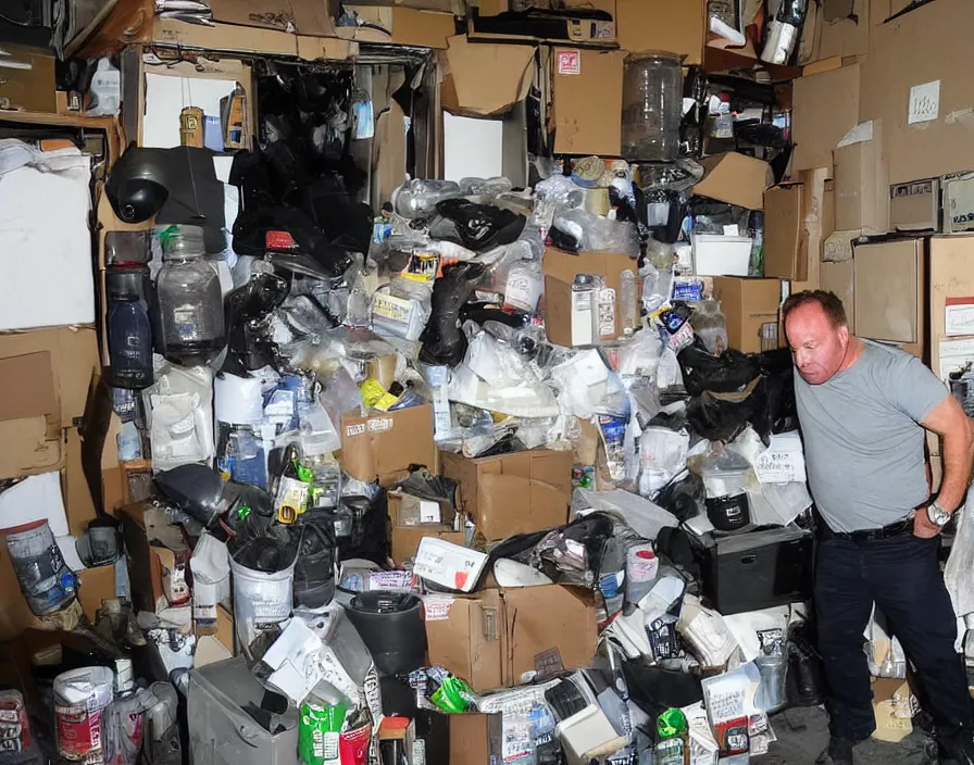 Prompt: Alex Jones inventing new conspiracy theories in his garage office, surrounded by boxes of herbal supplements and trash, swat riot team is kicking in the door, tear gas, detailed photograph high quality