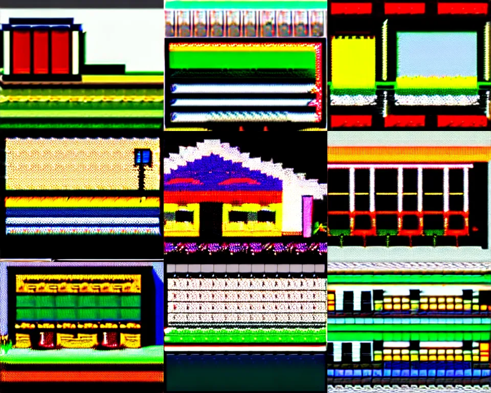 Prompt: Pixel art of a rural gas station at dusk, perfectly flat-shaded pixels, in the style of 1981 Video Games, 4bit, CGA, 16 colors, sharp contrast