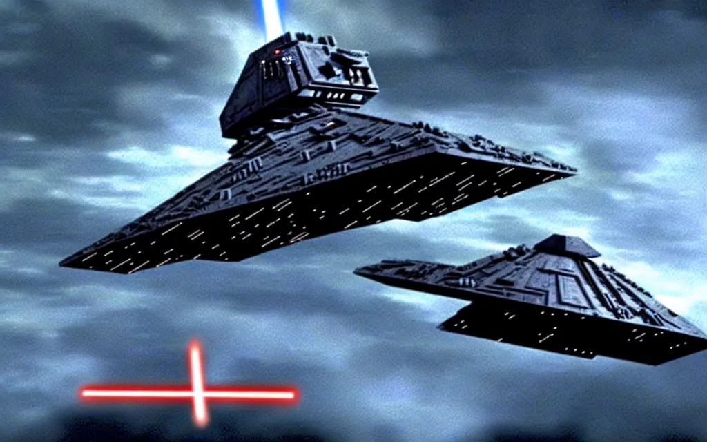 Prompt: star wars star destroyer from star wars landen in the twilight saga movie, darth vader anb bella dance together