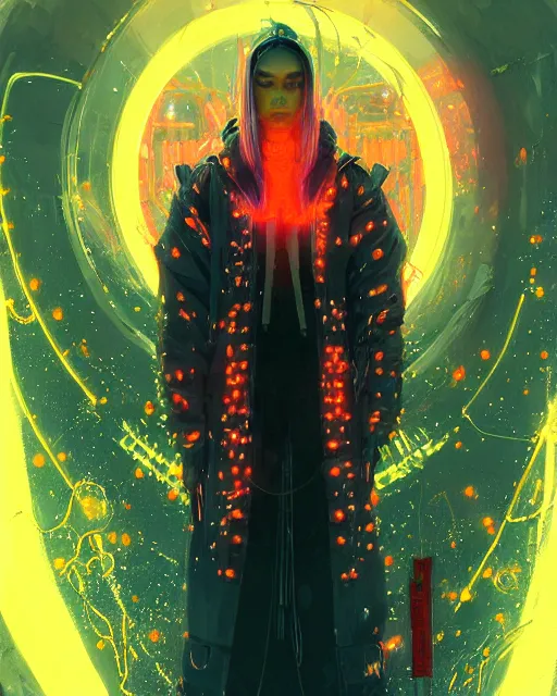 Prompt: detailed full body portrait of a gorgeous witch, cyberpunk futuristic neon, orange reflective puffy coat, decorated with traditional Japanese ornaments by Ismail inceoglu dragan bibin hans thoma greg rutkowski Alexandros Pyromallis Nekro Rene Maritte Illustrated, Perfect face, fine details, realistic shaded, fine-face, pretty face