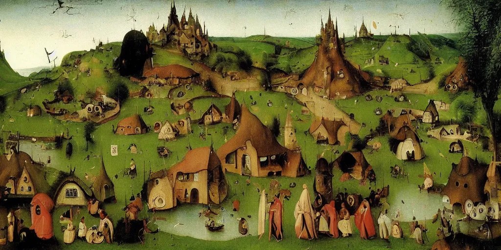 Prompt: hobbiton village in the shire as painted by hieronymus bosch