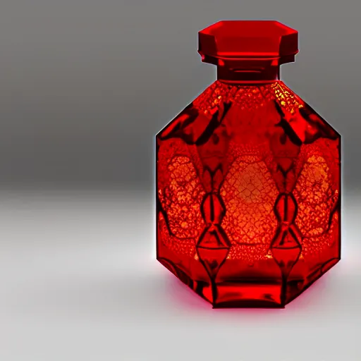 Image similar to The legendary Blood-Red Sparkling health potion in a hexagonal bottle fuming from its opening, golden lace pattern, photorealistic render