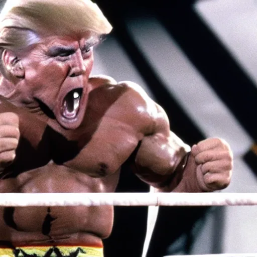 Prompt: the ultimate warrior does a suplex on donald trump, WWE, 1990s, VHS